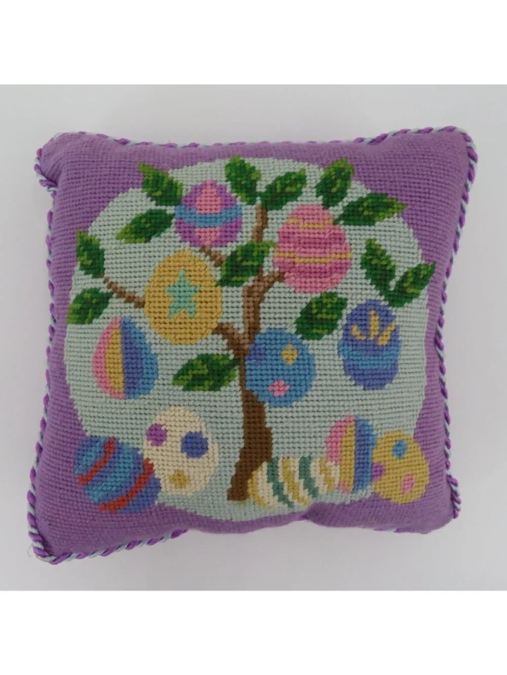 Easter Egg Tree Pastel Blue Yellow Purple Corded Needlepoint Accent Throw Pillow